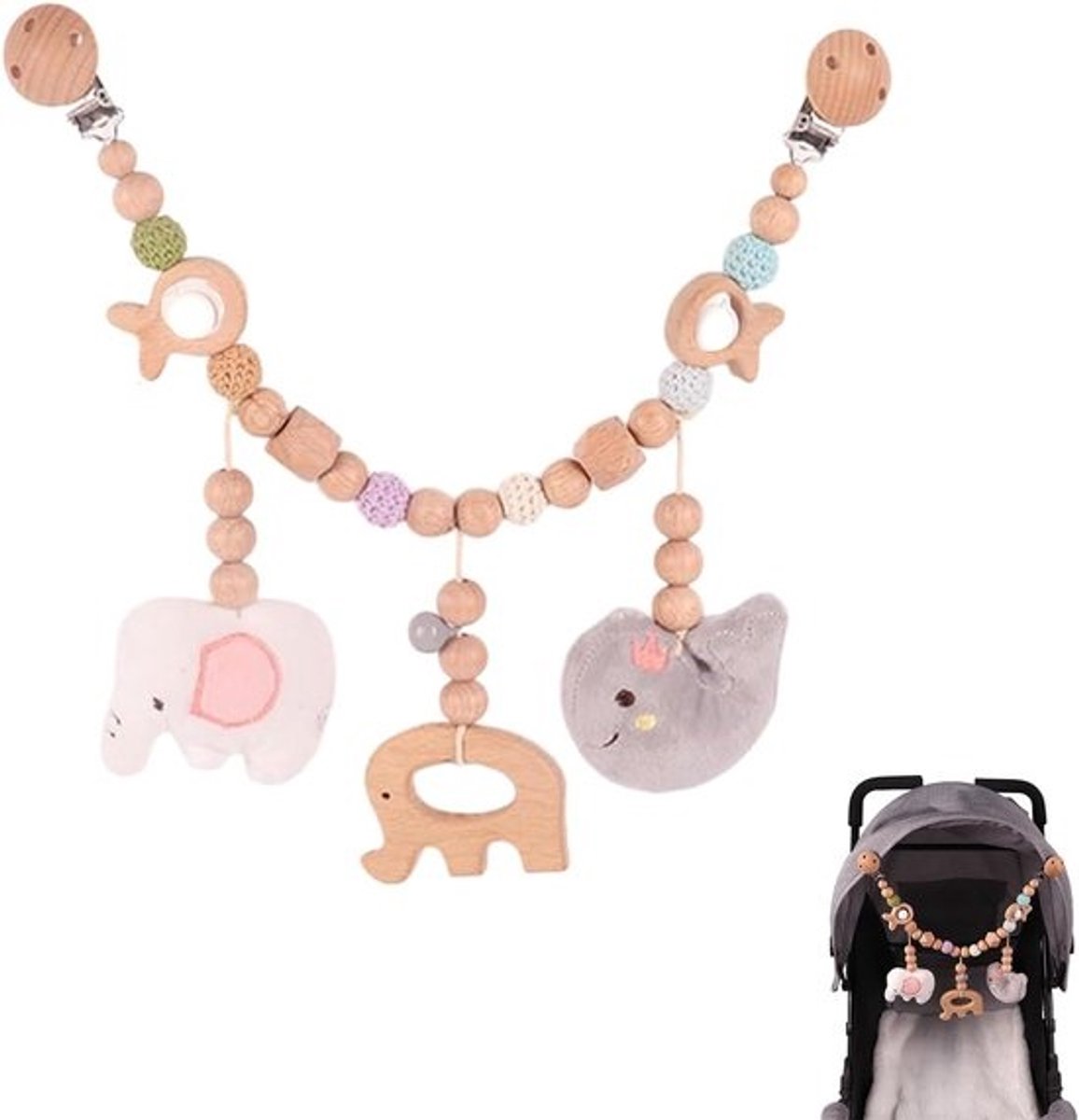 Kinderwagen Ketting - Hanger Hout - Baby Vermaak - Lichtgewicht Ontwerp - 40 cm Lengte - Multicolor