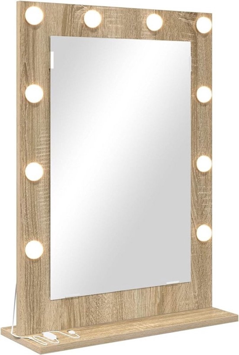 Rechthoekige LED Make-up Spiegel met Warmwit Licht Houtlook Slaapkamer