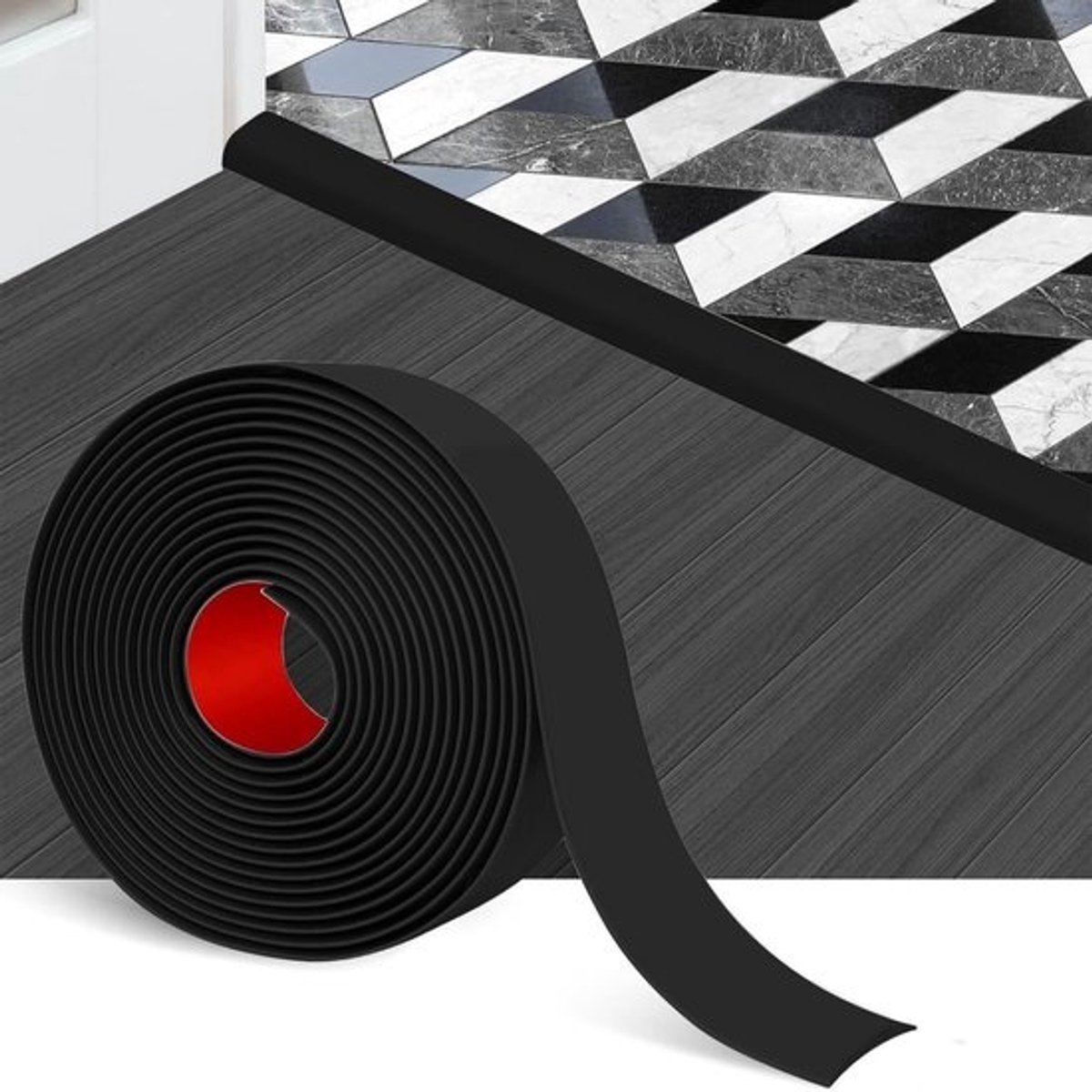 Zelfklevende PVC Dorpelstrip 5 cm voor Laminaatvloeren - Verbeter de Afwerking en Sluit Vloergaten (Zwart, 1.2 Meter)