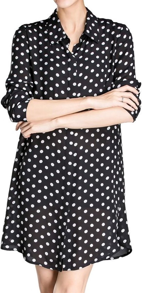 Lange Mouwen Jurk A-lijn Stippen Chiffon met Kraag Zwart Wit