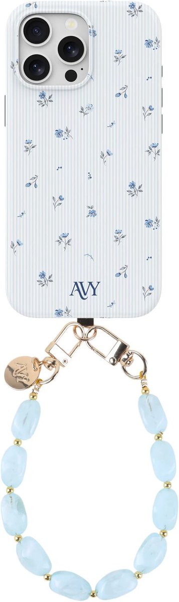 AVY Hoesje Met Telefoonkoord | Geschikt voor Apple iPhone 12 / 12 Pro | Compatibel met MagSafe & Qi2 | Hard Shell Back Cover | Stijlvol Bijpassend Koord Polsbandje (32CM) | Sky Blossom