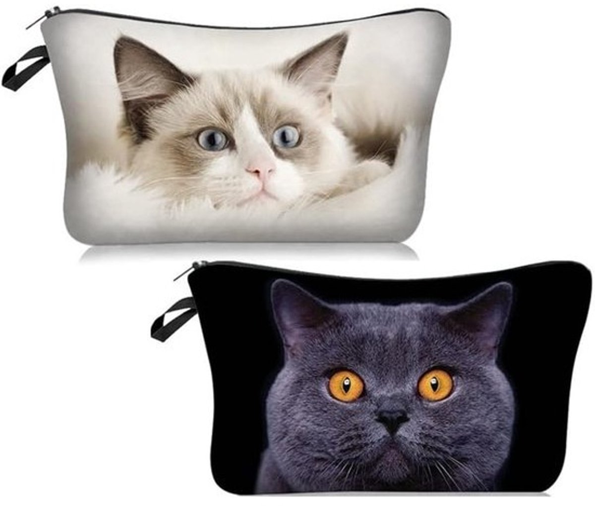 Set van 2 Schattige & Duurzame Make-up Tasjes met Kattenprint - Waterdicht Cosmetic Pouch