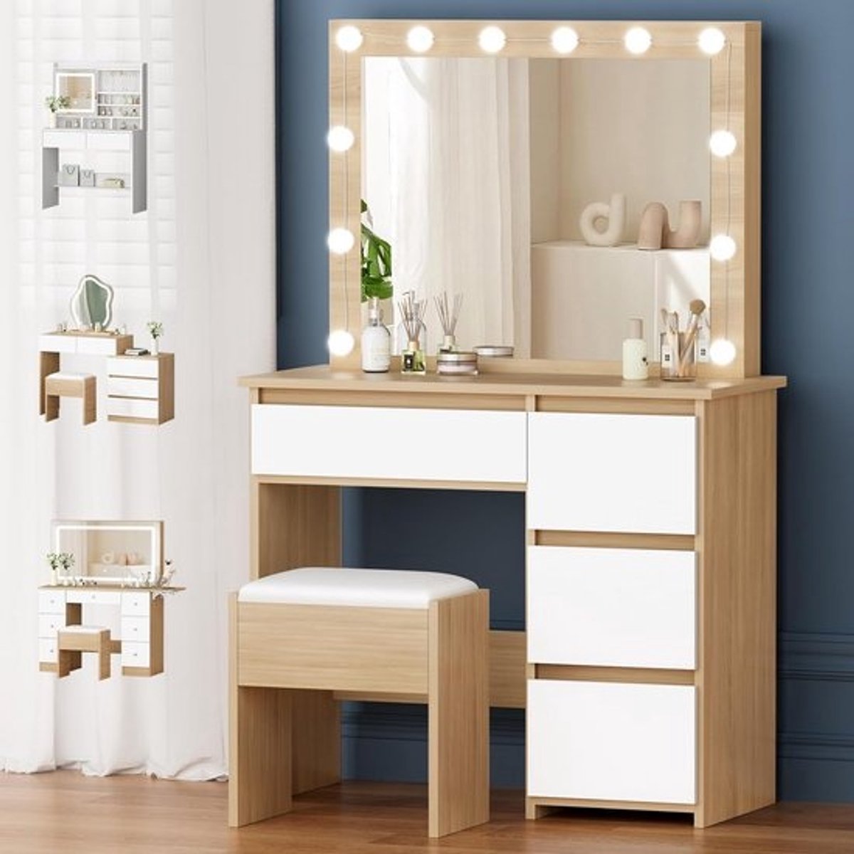 Make-uptafel met Verlichting, Spiegel en Opbergkruk