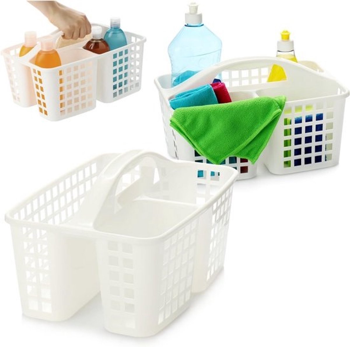 Draagbare Opbergmand met Handvat - Douche Organizer met 3 Vakken - Ideaal voor Schoonmaakmiddelen en Toiletartikelen (2 Stuks Wit)