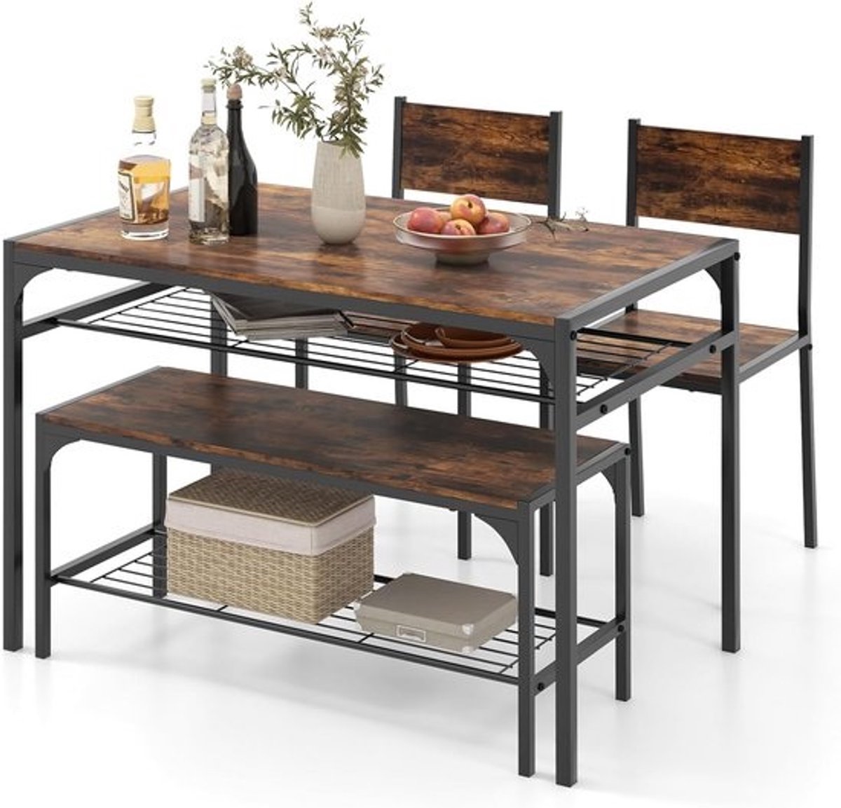 Industriële Eetkamerset voor 4 Personen met Stoelen en Bank, Tafel met Opbergplank
