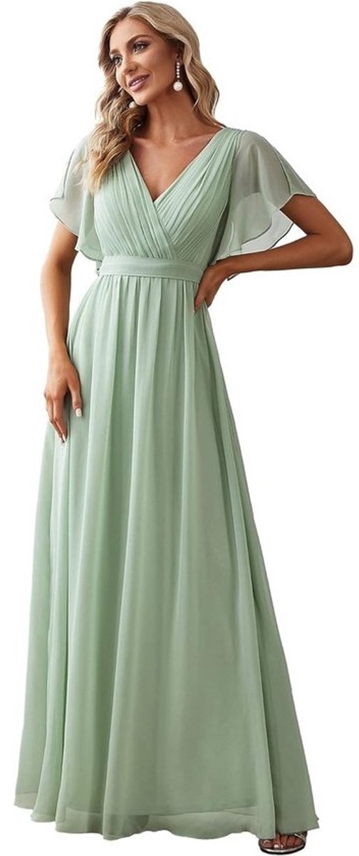 Lange chiffon damesjurk met V-hals en kanten lijfje