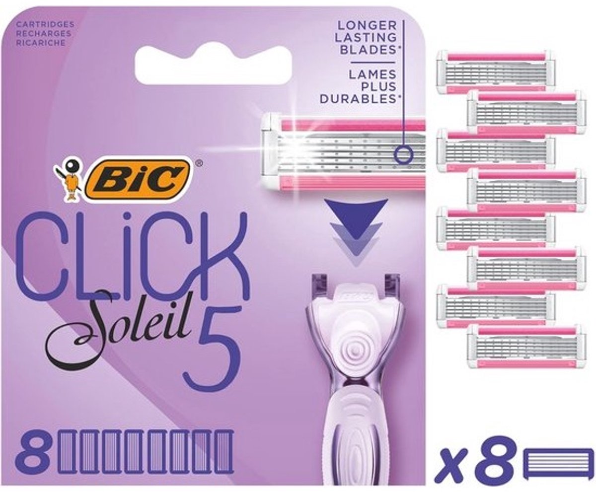 BIC Click 5 Soleil Vullingen voor Vrouwen - 3 Beweegbare Bladen en Smeringsstrip - Doos van 8