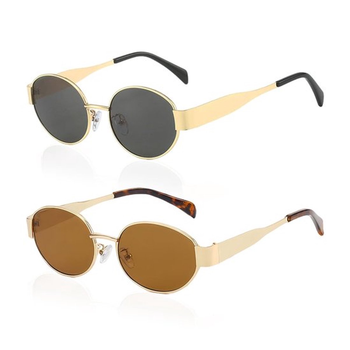 Zonnebrillen 2 Stuks - Retro Ovale Brillen - Anti-UV Brillen - Lichtgewicht Reisbril - Gouden Frame met Grijze/Theevlokken - Comfortabel en Uniek - Zonnebril