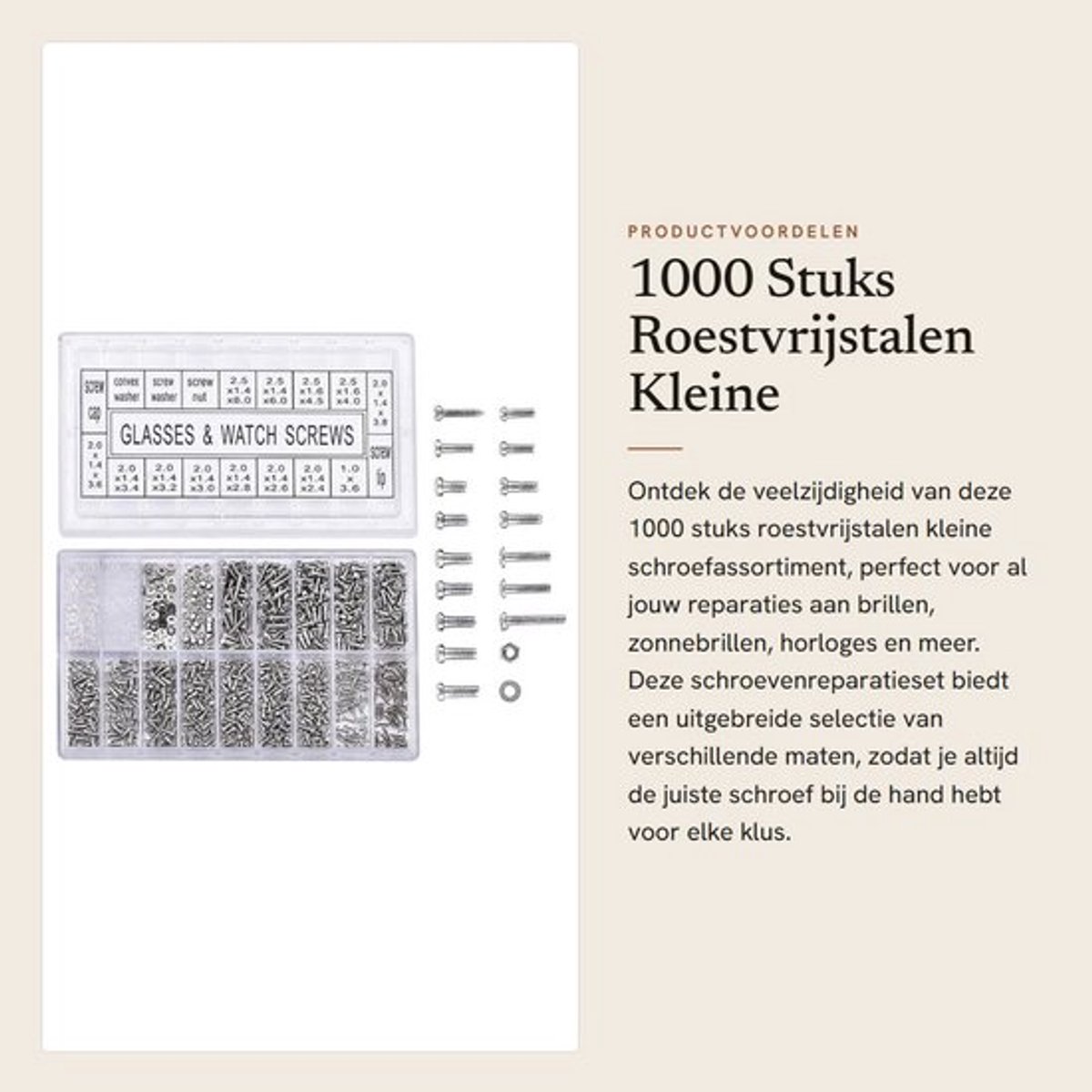 Schroevenreparatieset 1000 Stuks - Schroevenset - Roestvrij Staal - Voor Brillen/Horloges - Diverse Maten - Inclusief Moeren/Afdichtingen - Schroeven
