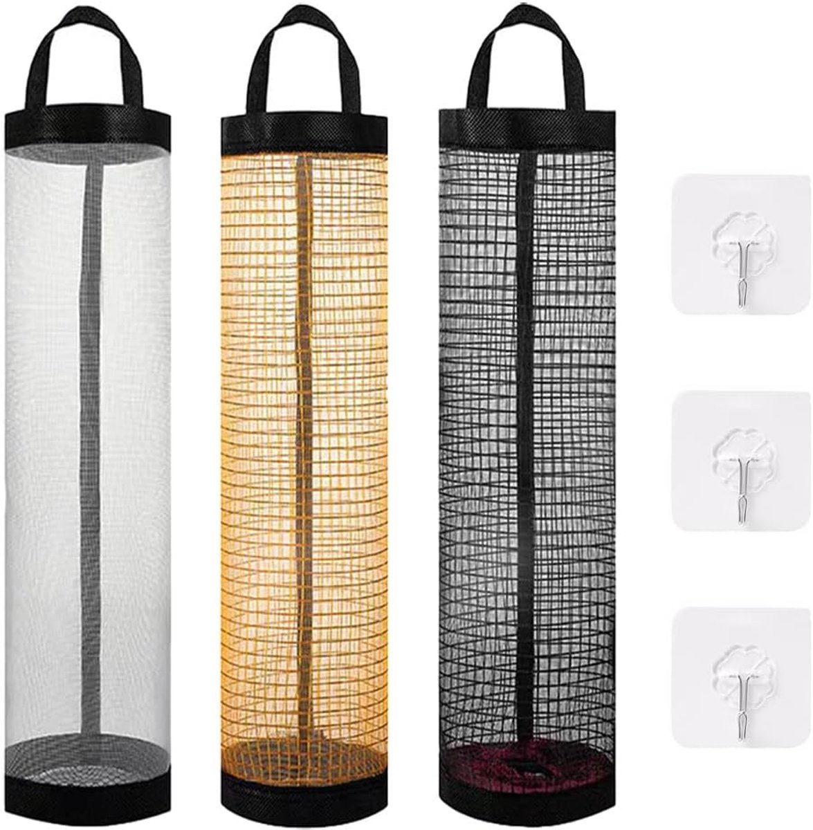 SnelShoppen - 3 Stuks Plastic Zak Houder met 3 Zelfklevende Haken, Vouwbare Mesh Opslagtas voor Afvalzakken in Keuken, Thuis, Zwart, Grijs en Geel