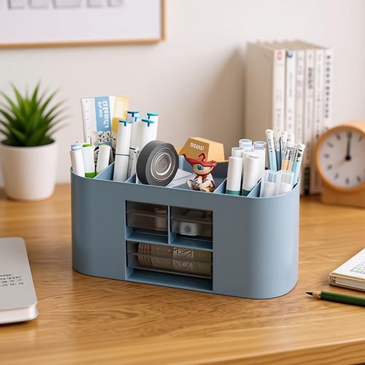 BILMU Pennenhouder - Bureau-organizer - 10 Vakken - Dubbellaagse Transparante Lade - Grote Capaciteit - Blauw