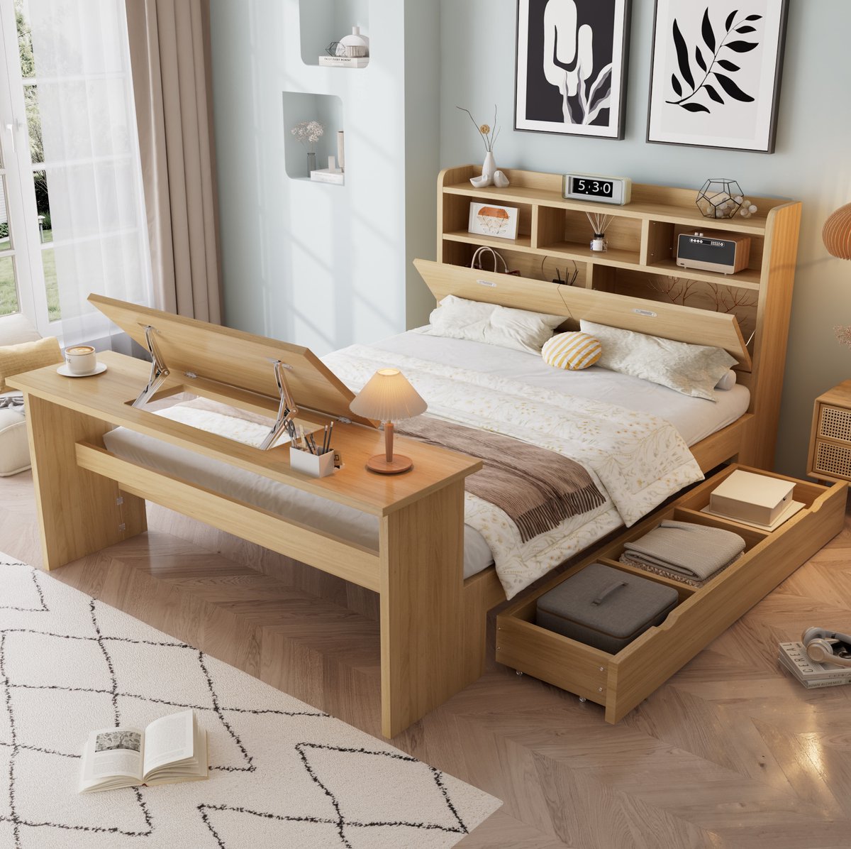 Wishdor Kinderbed 140x200 cm - Opbergruimte - Klaptafel - Hoofdbord met vakken - Zijlade - Natuurlijk houtlook - Voor kleine ruimtes