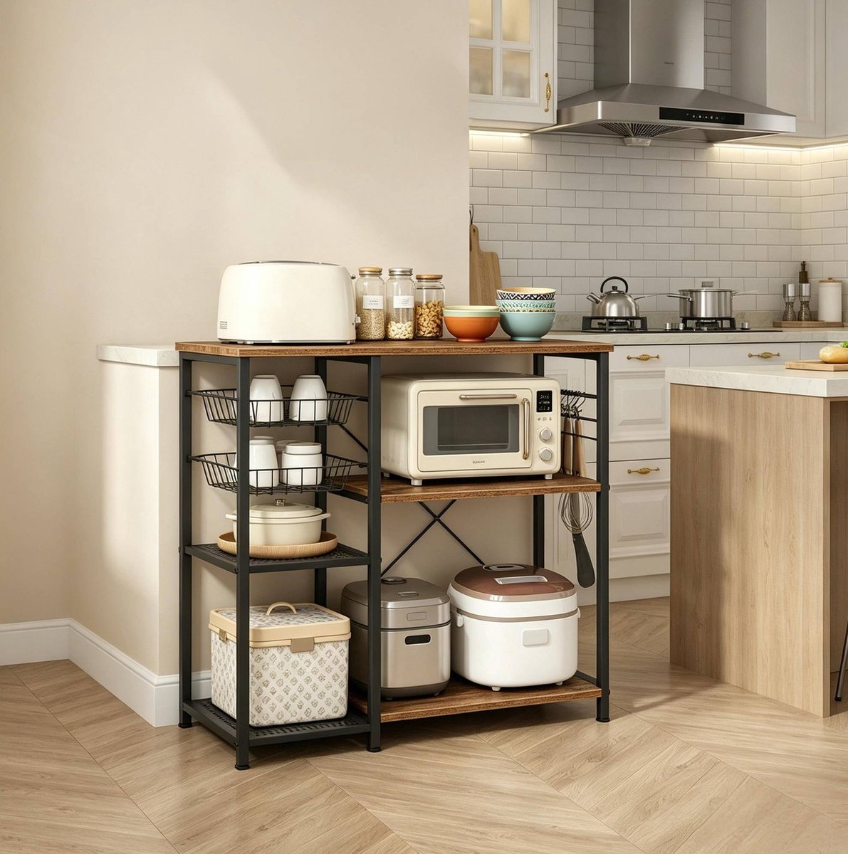 Keukenrek Open Stellingkast – Ruime Opbergruimte – 90 x 40 x 82 cm – Spaanplaat En Metaal – Zwart Bruin – Voor Keuken En Microgolfoven