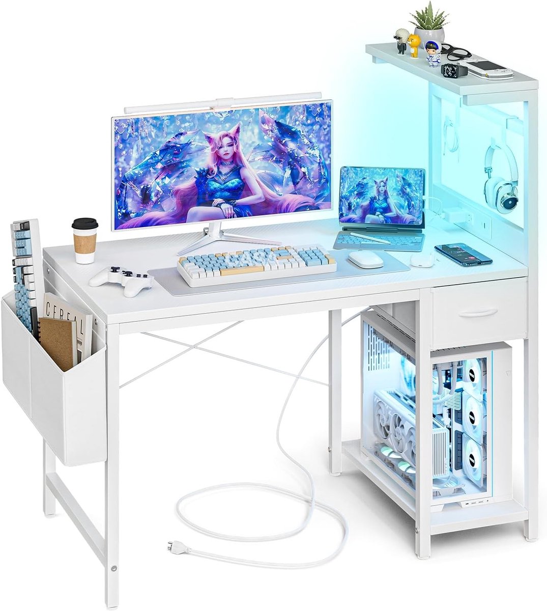 Gaming Bureau 40 Inch met Stopcontact en LED Verlichting, Computerbureau met Omkeerbare Planken en Opberglade, Compacte PC Bureau voor Thuiswerk met Opbergtas, Carbon Fiber Wit