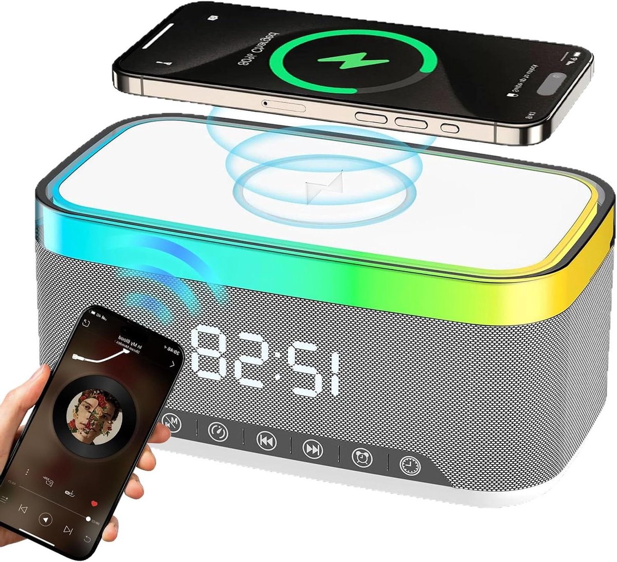 Digitale Wekker - Nachtkastje Klok - Ontwaken & Opladen - Geïntegreerd Laadstation - 6 Inch Display - Veelkleurig