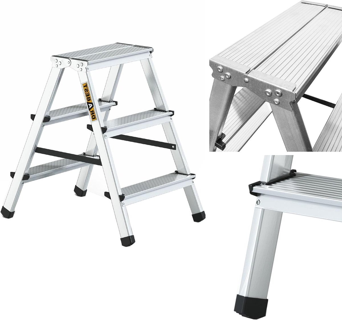 Huishoudladder Dubbelzijdig - Aluminium trap - Klusjes Binnen Huis - Met Werkplatform - 3 Treden - Zilver