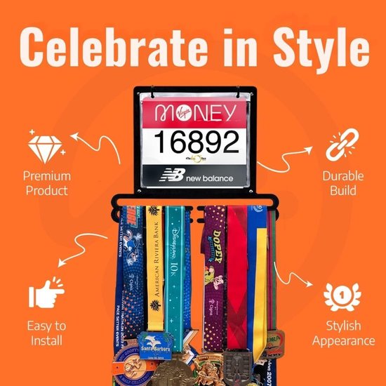 Medaille en Bib Houder - Sport Display - Sportprestaties Tonen - Ruimte voor 100+ Items - 35.6 cm Breed - Zwart — afbeelding 2