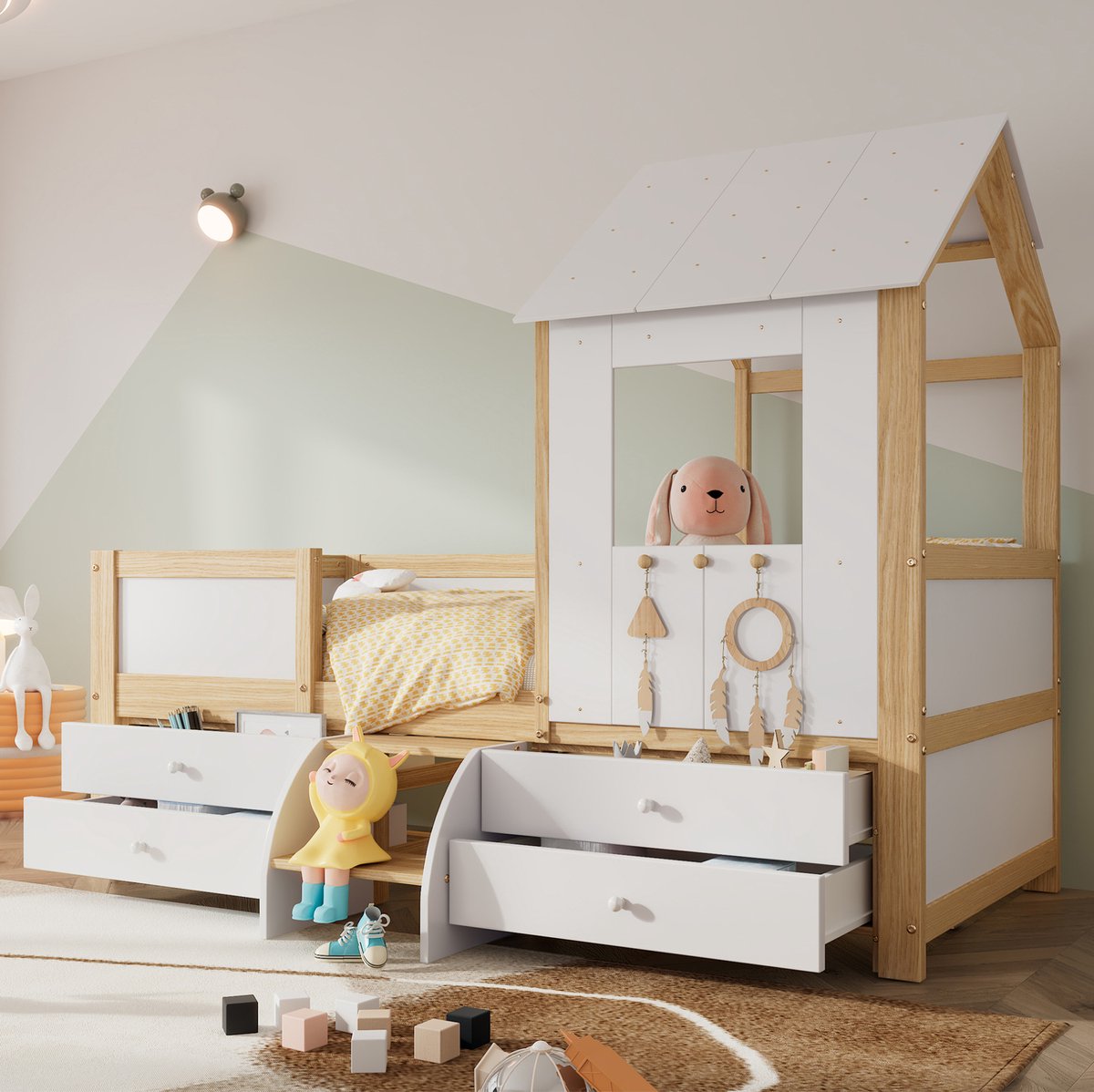 COVREO Halfhoogslaper 90x200 cm wit-naturel huisbed met dak, zonder matras