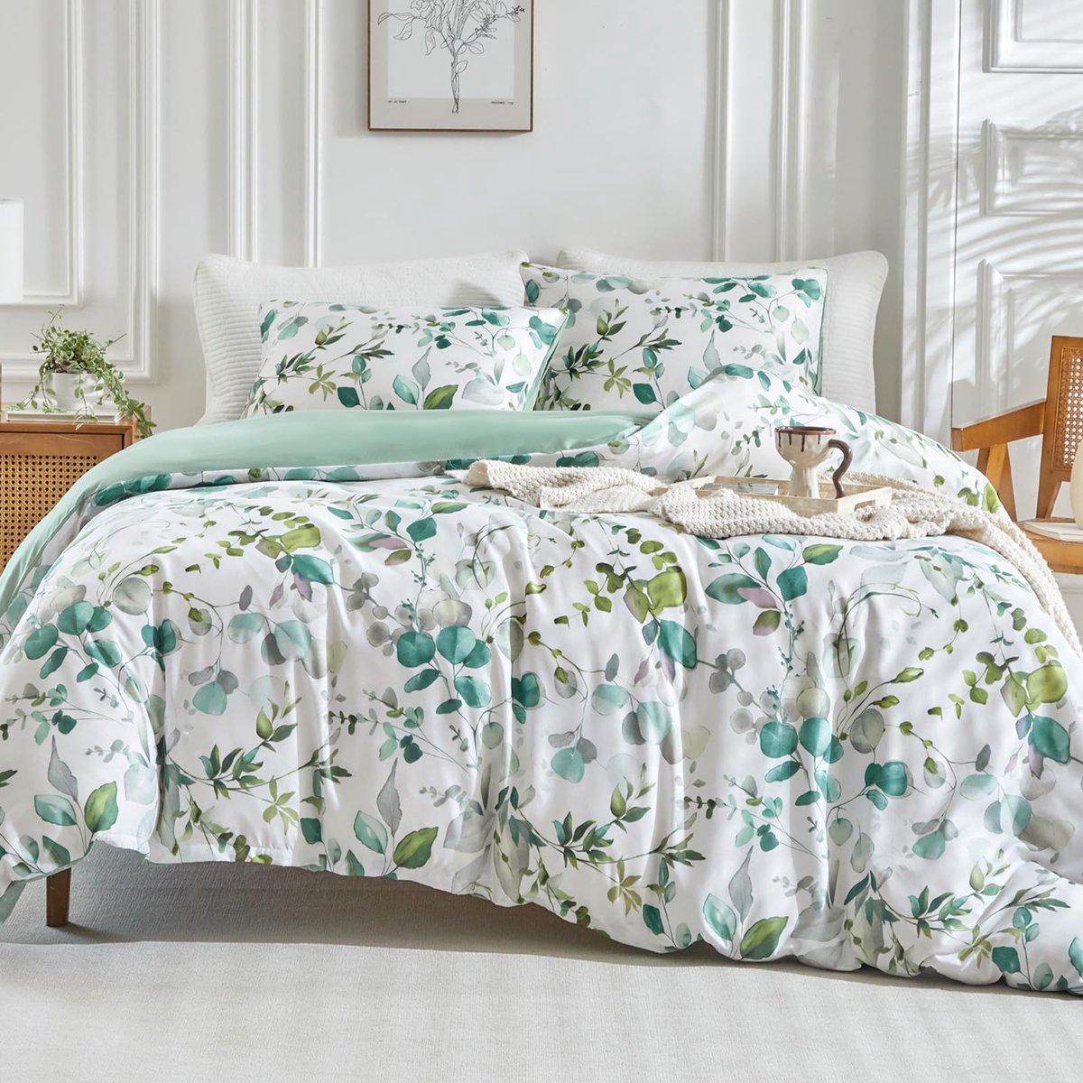 SnelShoppen - Dekbedovertrek 200x200cm Groen, 3-delige Beddengoedset van Geborsteld Microvezel met Lentebloemenpatroon, Inclusief 2 Kussenslopen 50x75