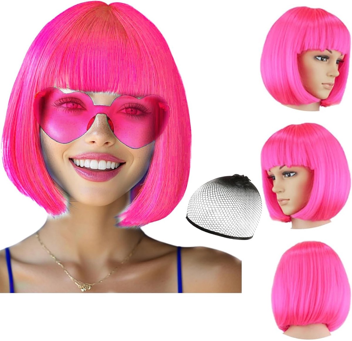 Korte Bob Peruk met Kap en Zonnebril Set voor Feestjes, Cosplay en Halloween, Neonlook voor Vrouwen