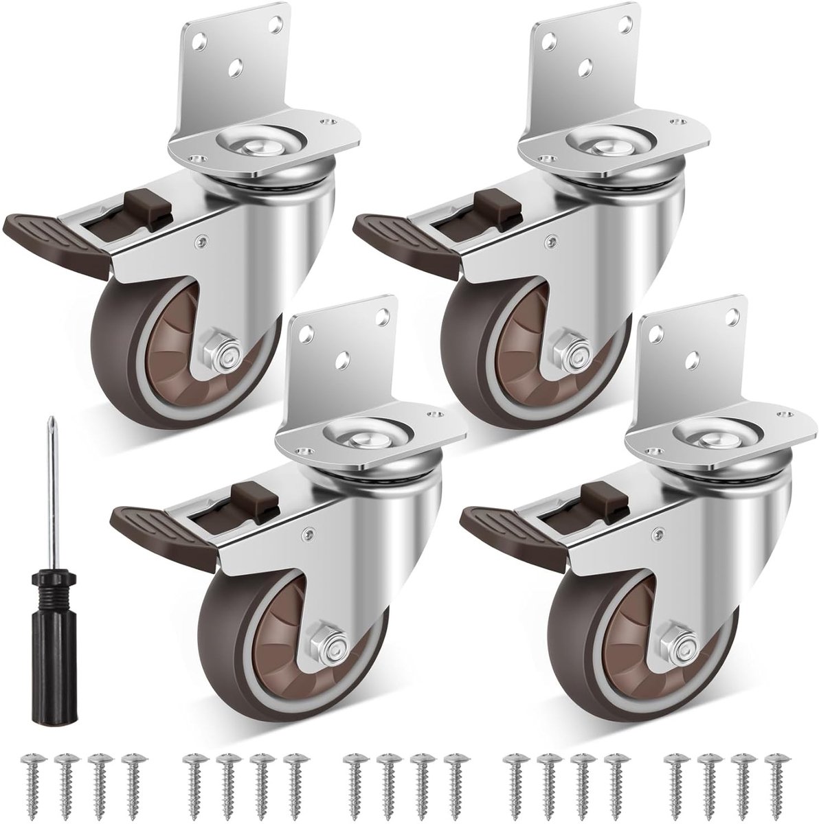 Mounting Plate voor Meubels met 75 mm Rubber Wielen en 4 Remmen, Geschikt voor Zware Ladingen tot 450 kg, Geluidsloze en Trackless Wielen voor Eenvoudig Vervoer van Tafels en Bedden, Set van 4