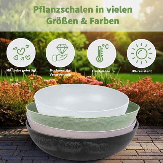 Vier ronde plantenschalen op een terras met de tekst 'Planzschalen in vielen Größen & Farben'.