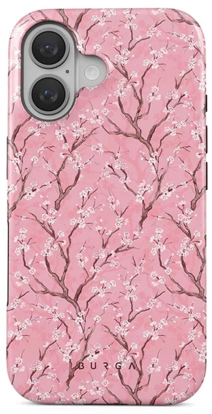 Roze telefoonhoesje met een gedetailleerd patroon van bruine takken met witte kersenbloesems. Het Burga-logo staat onderaan.