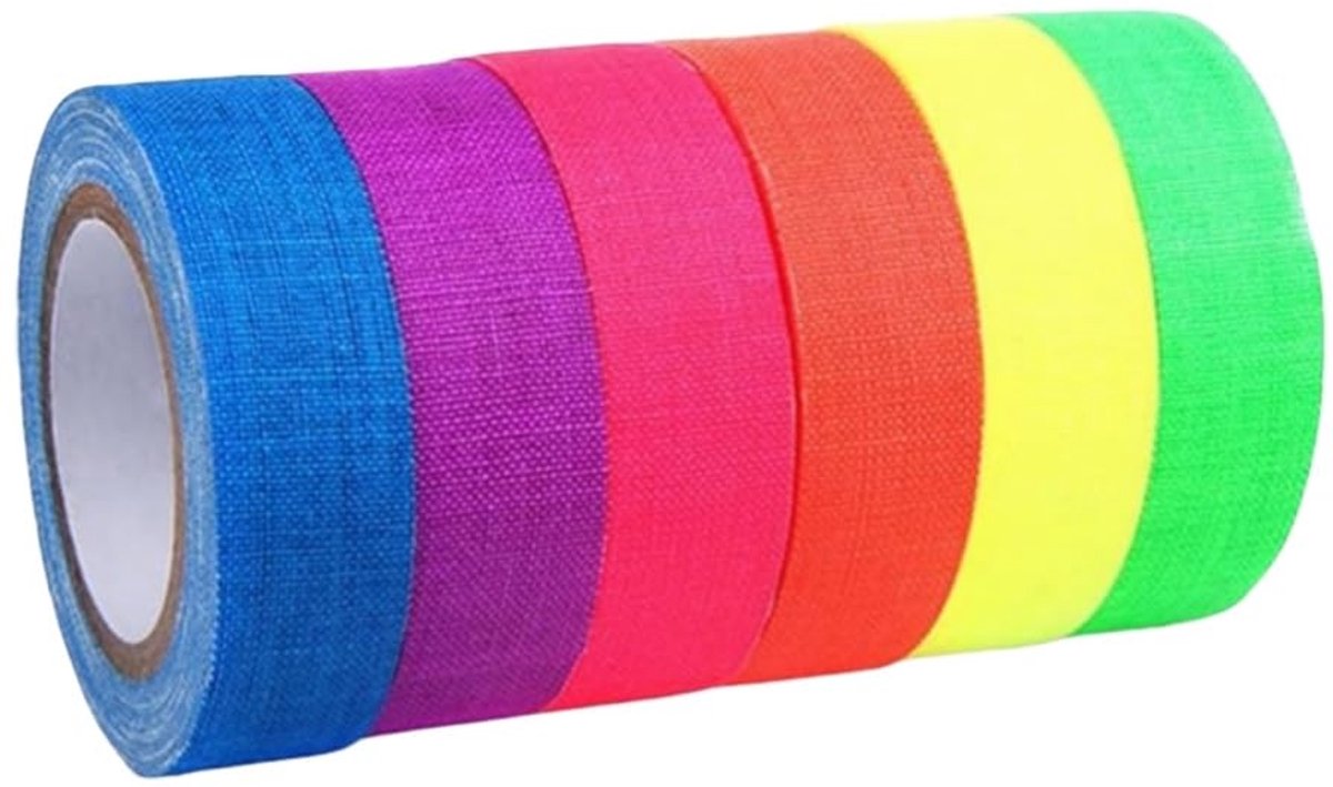 SnelShoppen - 6 Rollen Neon Gaffer Tape UV Reactive Set 15mm x 5m Fluorescent Marker Tape voor Feest, Handicraft, Vloermarkering en Decoratie