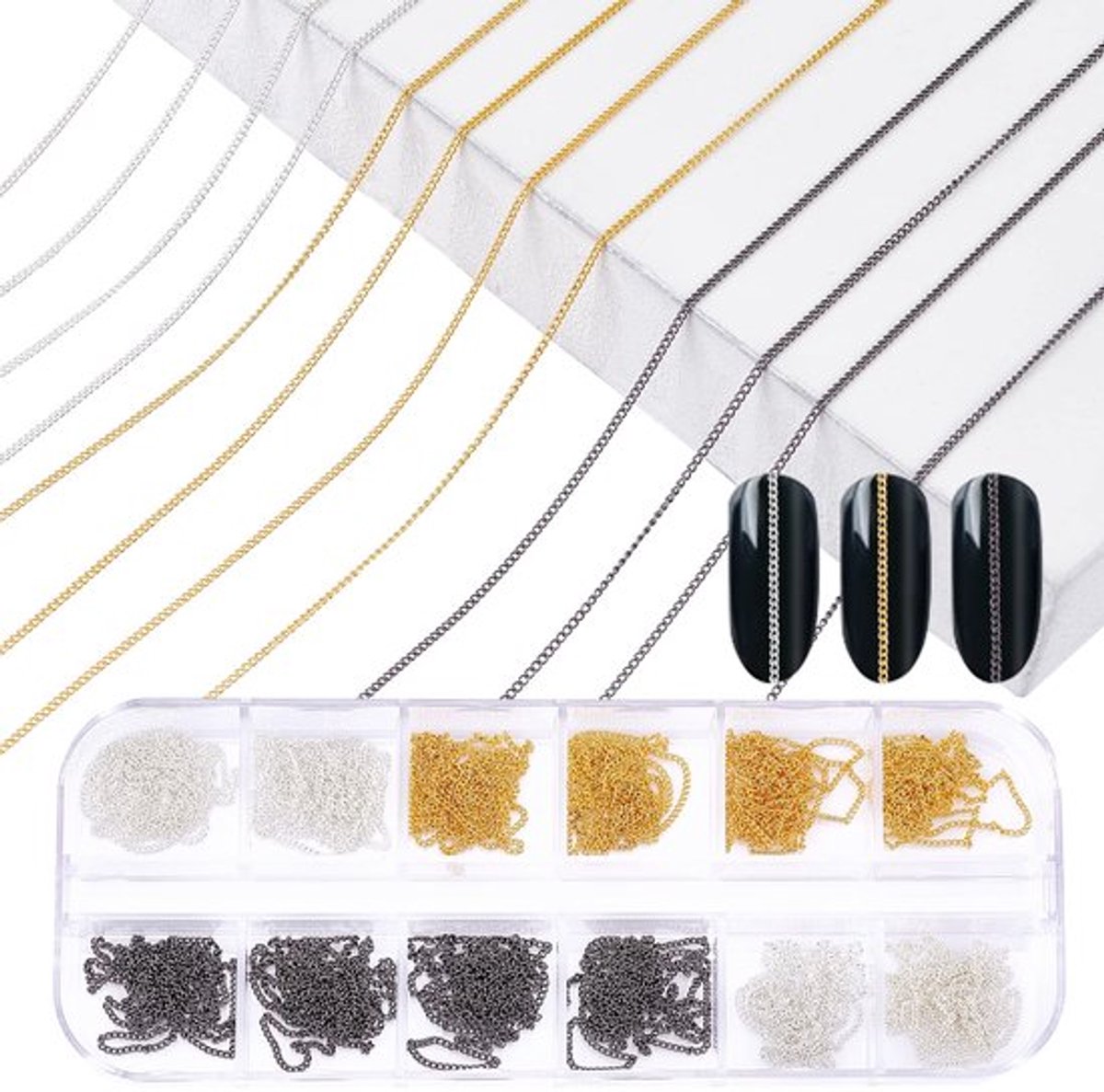 Nagelkettingen 12 Strepen - Metalen Decoraties - 3D Nagelsieraden - Klinknagels - DIY Manicure - Inclusief Doos