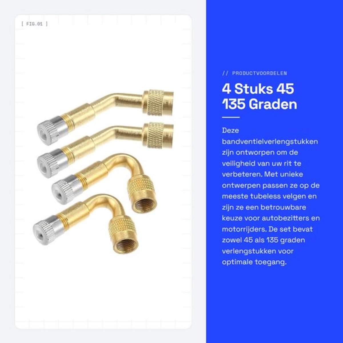 Bandventielverlengstukken 45/135 Graden - 4 Stuks - Stofdop - Gouden Kleur - Metaal - Universeel Geschikt - Ventiel