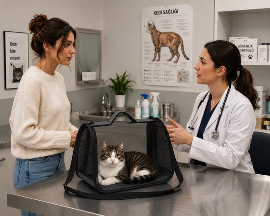 Vrouw brengt haar gestreepte kat in een transparante draagtas naar de dierenarts