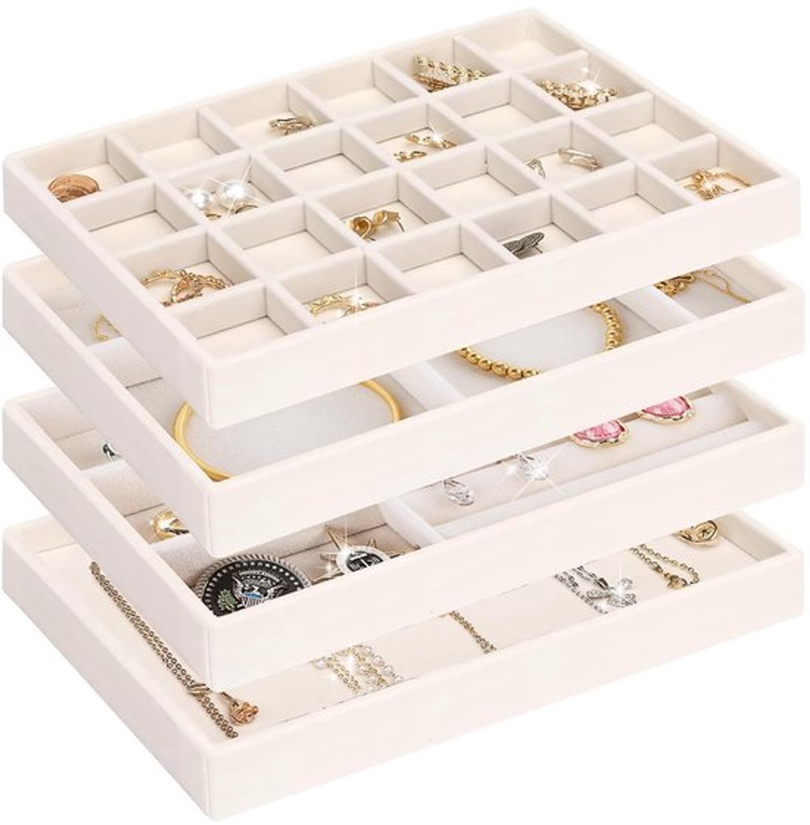Sieradenopslag lade sieradendienbladen sieraden organiseren sieraden organisatoren laden voor sieraden lade-inzet opberg organisatiesysteem oorbellen armband ringen 4 stuks (beige)