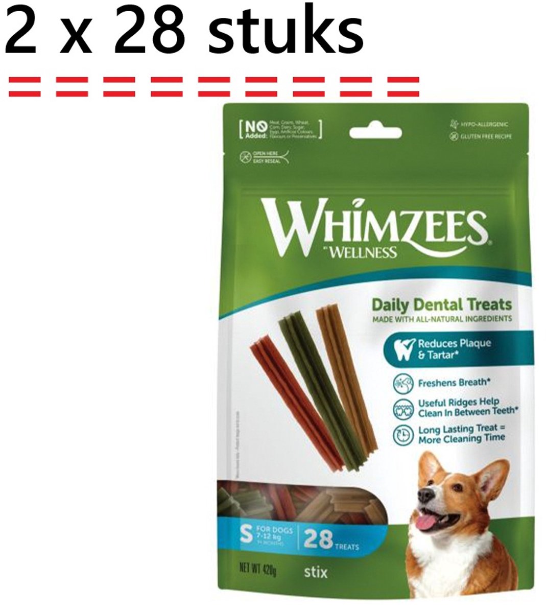 Whimzees welness - hondensnack - S 28 st - (7-12kg) *** 2 X *** reduceert tandplak en tandsteen - veggie - lekker- gezond -
