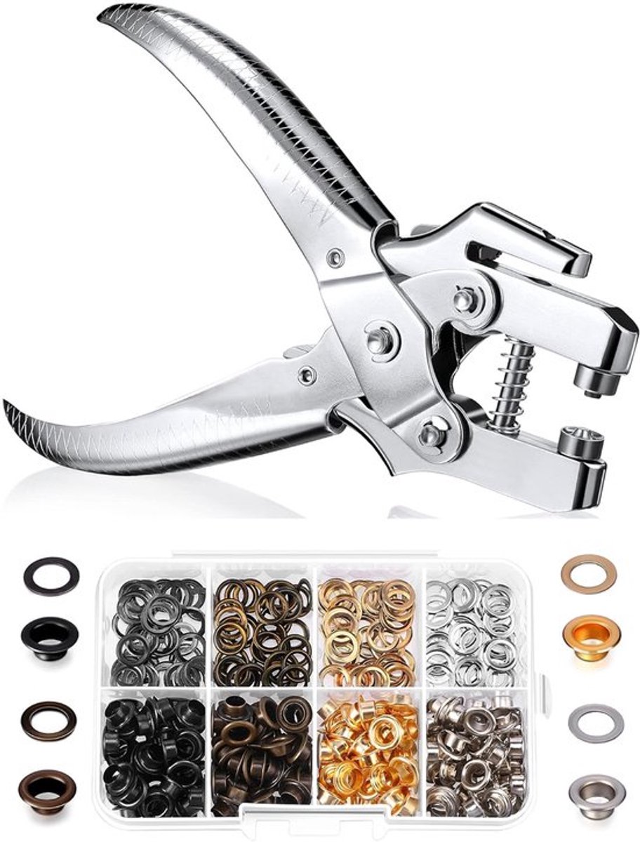 3/16-inch oogjesgereedschapset, inclusief oogjestang, perforator, handmatige drukknooptang en 200 oogjes voor schoenen, kleding en tassen (goud, zilver, grijs en brons).