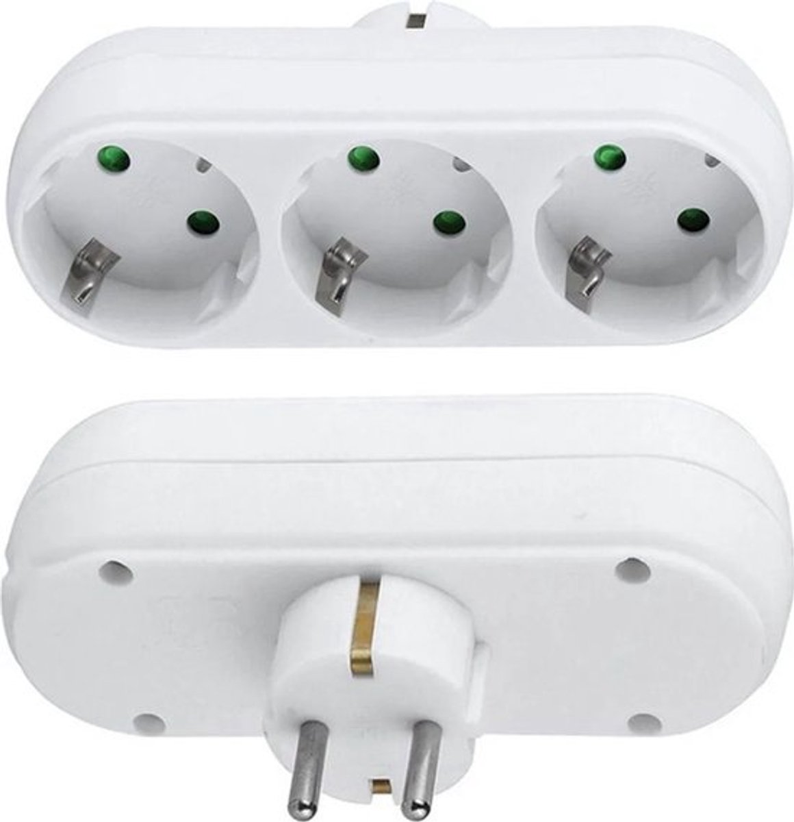 Twee adapters voor stopcontacten met 3 uitgangen, ronde verdeeldozen met 3 stopcontacten.