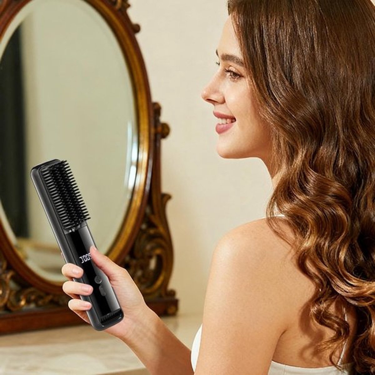 Zwarte draadloze stijltang met 3 temperatuurstanden, verwarmde kamstijltang - geschikt voor salons, thuis, studentenkamers, op reis, in hotelbadkamers en voor dameskappers.