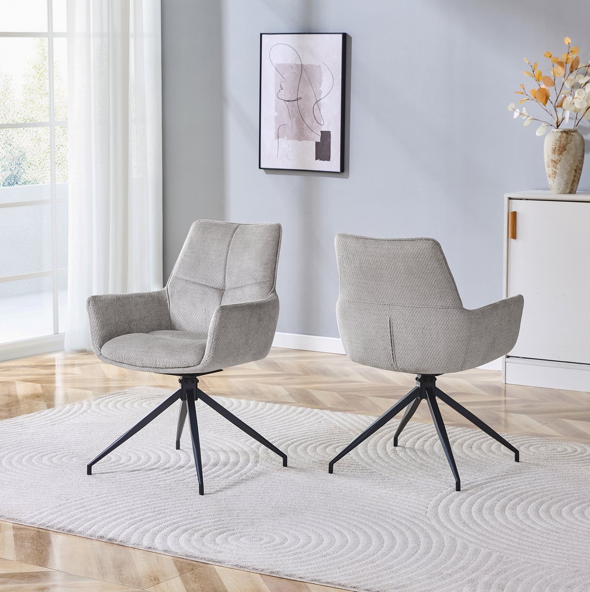 MEUNIQ 2-delige eetkamerstoel set, 360° draaibaar, grijze stof, zwarte metalen kruispoot, met armleuningen, gestoffeerd, voor eetkamer en woonkamer Gray