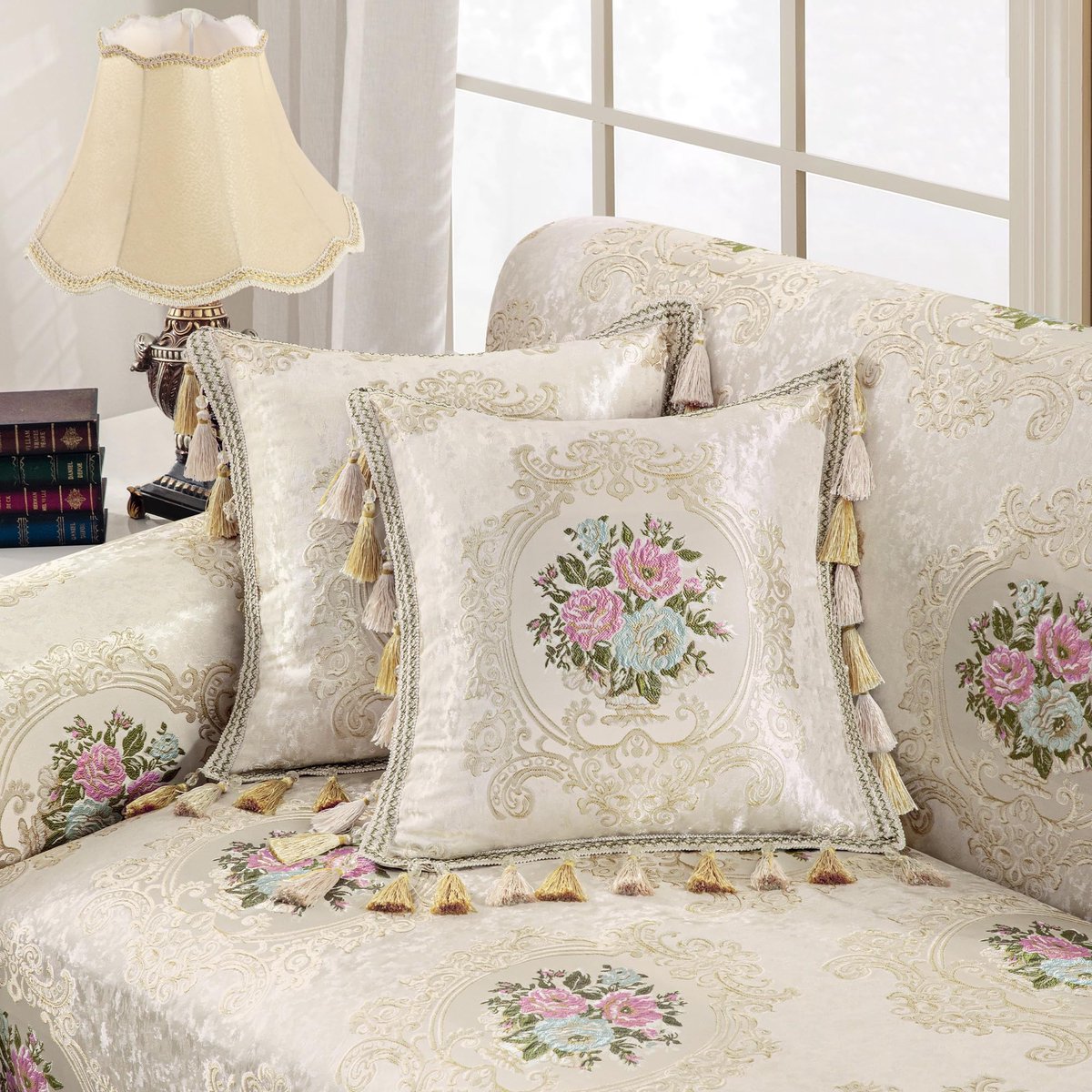 SnelShoppen - Kussenhoes 45x45cm, Jacquard Kussensloop met Kwastjes, Decoratieve Vierkante Kussenhoes met Rits voor Bank, Woonkamer, Slaapkamer (Bloem