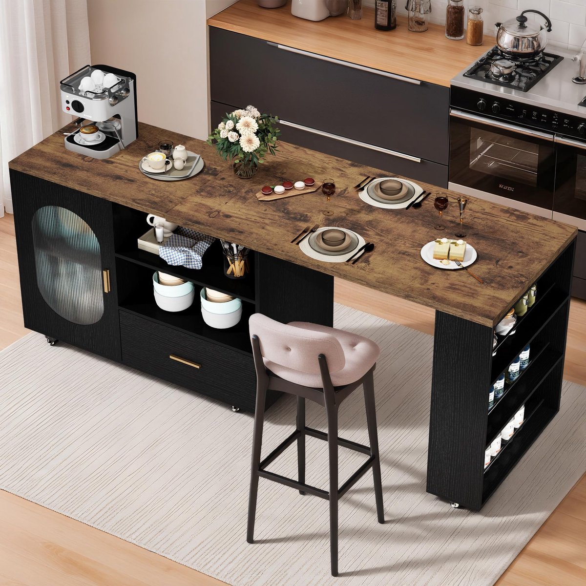 SnelShoppen - Modern Keukeneiland met Werkblad en Wielen, Vrijstaand Mobiel Keukenmeubel, 184 cm, Vintage Bruin/Zwart, Ideaal voor Eetkamer en Keuken