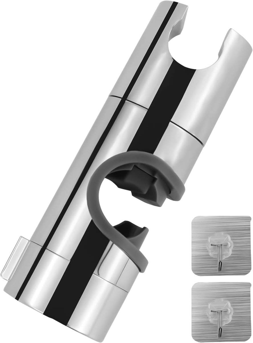 SnelShoppen - Universele Verstelbare Handdouche Houder 18-25mm Rotatie 360° Douchehouder met 2 Haakjes voor Douchekop, Badkamer, Zilver