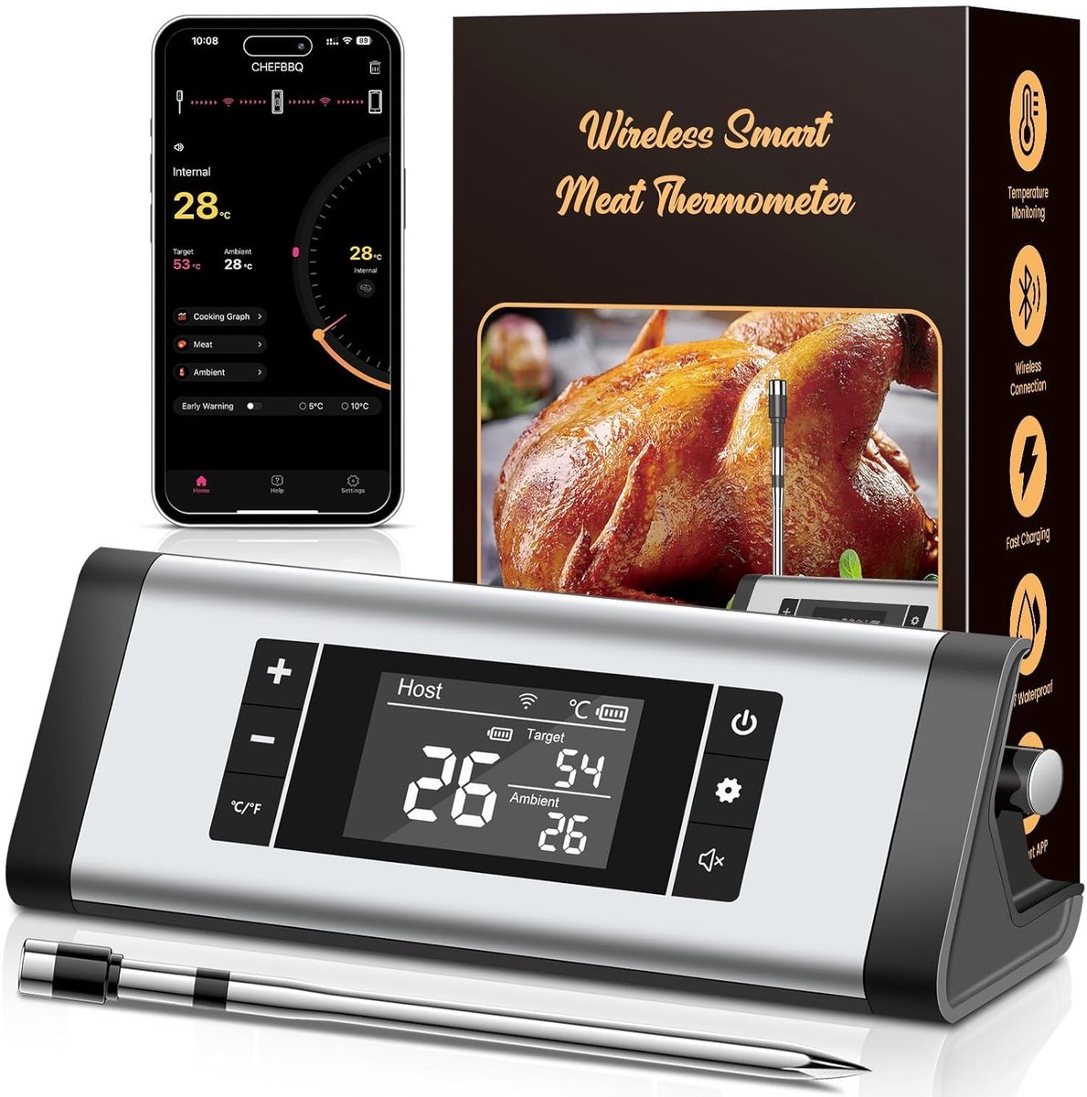 SnelShoppen - Draadloze Vleesthermometer Bluetooth tot 240m, Grillthermometer met App en IP67 Waterdicht, Voor Grill, Rookoven, Oven, Airfryer - 24u+