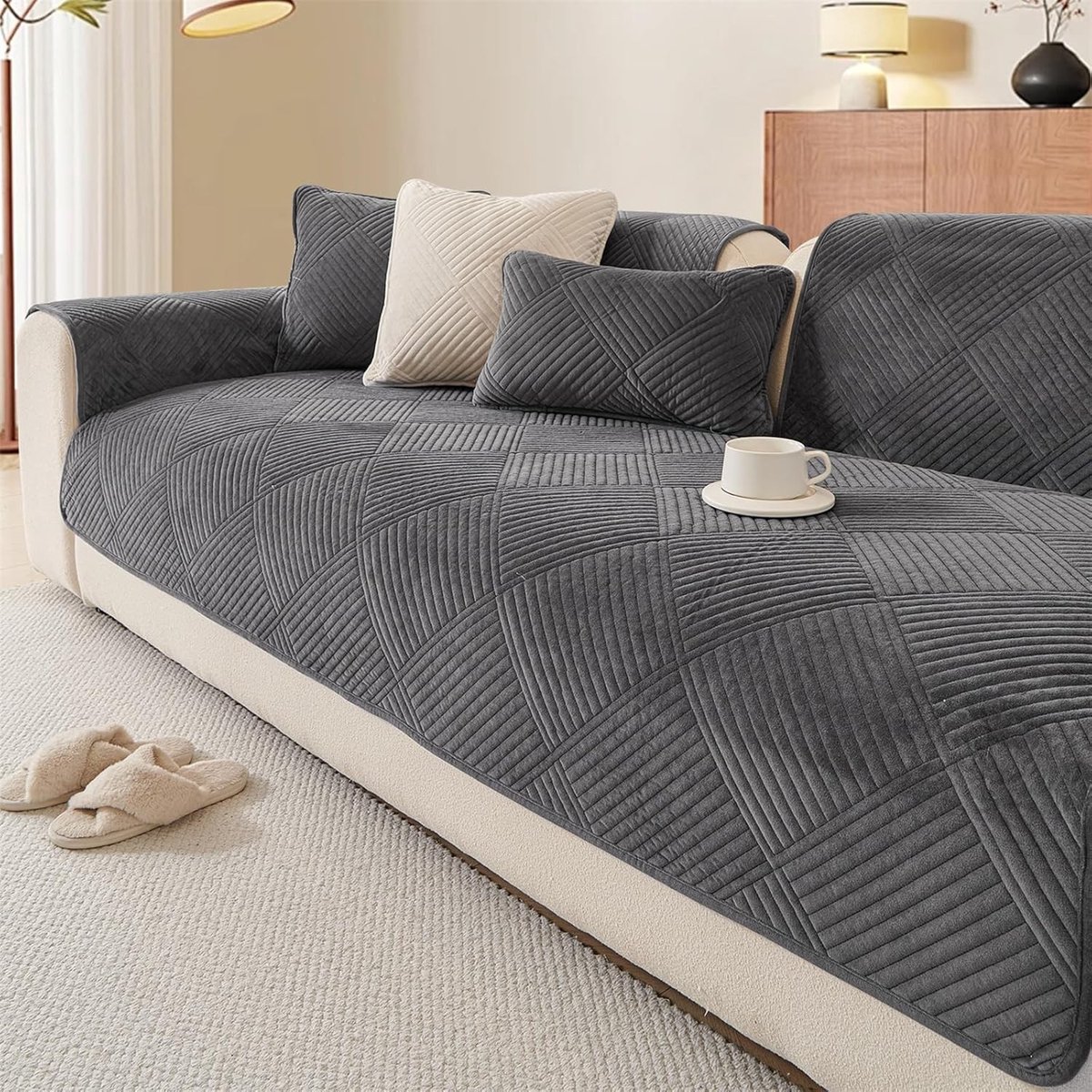 Zachte en Wasbare Sofa Hoes voor 1, 2, 3, 4 Zits Banken - Antislip Fleece Bescherming voor Huisdieren en Kinderen (Donkergrijs, 70x70cm)