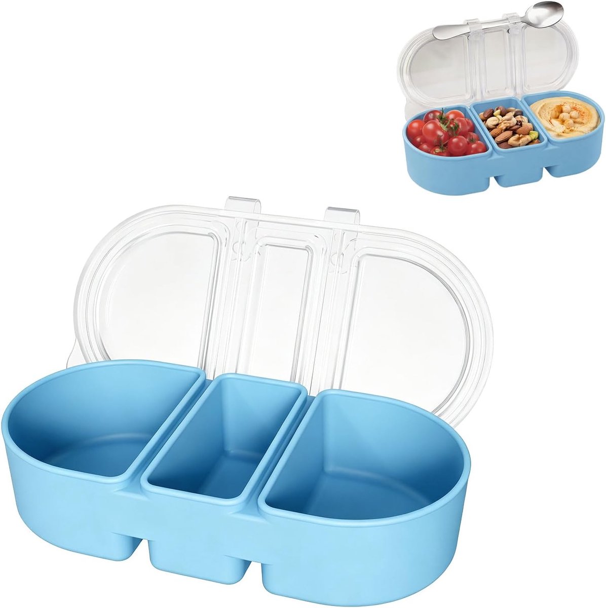 VHV - Snackbox 440 ml - Siliconen Bento Box met 3 Vakken en Lekvrij Deksel - Voor Sauzen, Fruit en Snacks - Blauw
