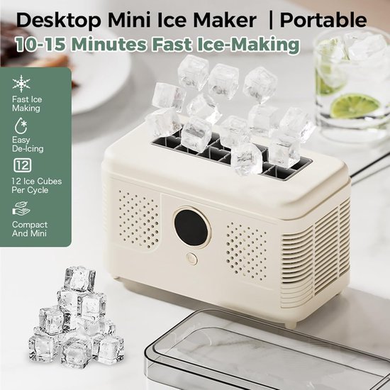 Draagbare ijsmachine - Mini-ijsmachine voor op het bureau - Mini-ijsmachine - Met display en ontdooifunctie - Maakt 12/16 ijsblokjes per keer - Geschikt voor kantoor, thuis en op de camping - Crème wit — afbeelding 5