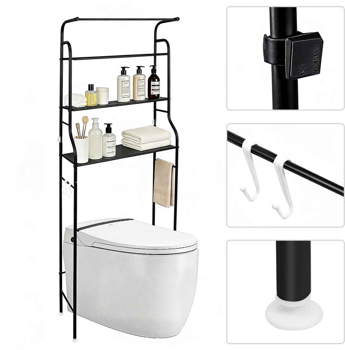 PIPIPOXER Wc Opbergrek - Wc meubel - Wc kast - opbergrek metaal - Ruimtebesparend Boven Toilet/Wasmachine - Badkamerrek 3-Laags-160x46x25cm-zwart