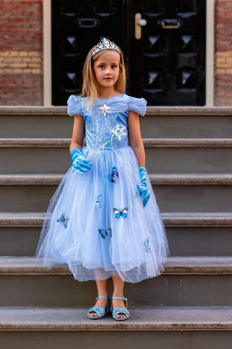 Prinsessenjurk meisje - Blauwe jurk met vlinders - Het Betere Merk - Verkleedkleding meisje - Kroon, toverstaf, vlecht & handschoenen — afbeelding 6