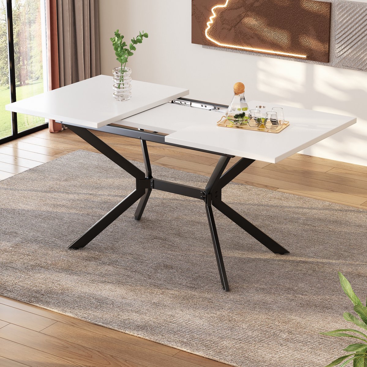 MEUNIQ Uitschuifbare eettafel 120/160 x 80 cm, rechthoekig, MDF blad, zwarte metalen poten, voor 4-6 personen, eetkamer, wit