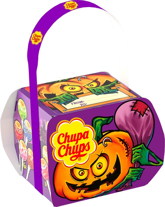 Paarse Halloween emmer van Chupa Chups met enge pompoen- en spookhuisprint. De emmer bevat lollies en een pompoen die een zak draagt.