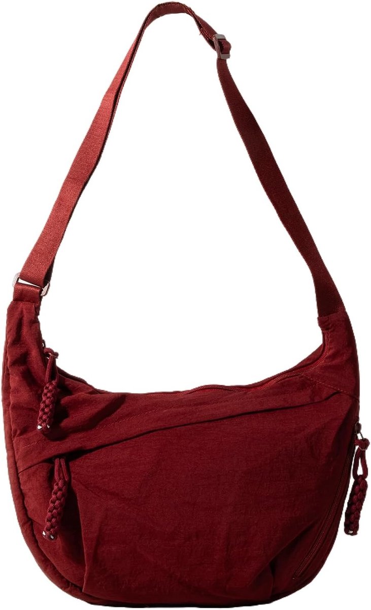 Dames Nylon Halve Maan Tas - Grote Crossbodytas en Schoudertas - Lichtgewicht Festivaltas - Verstelbare Schouderriem - Bordeauxrood