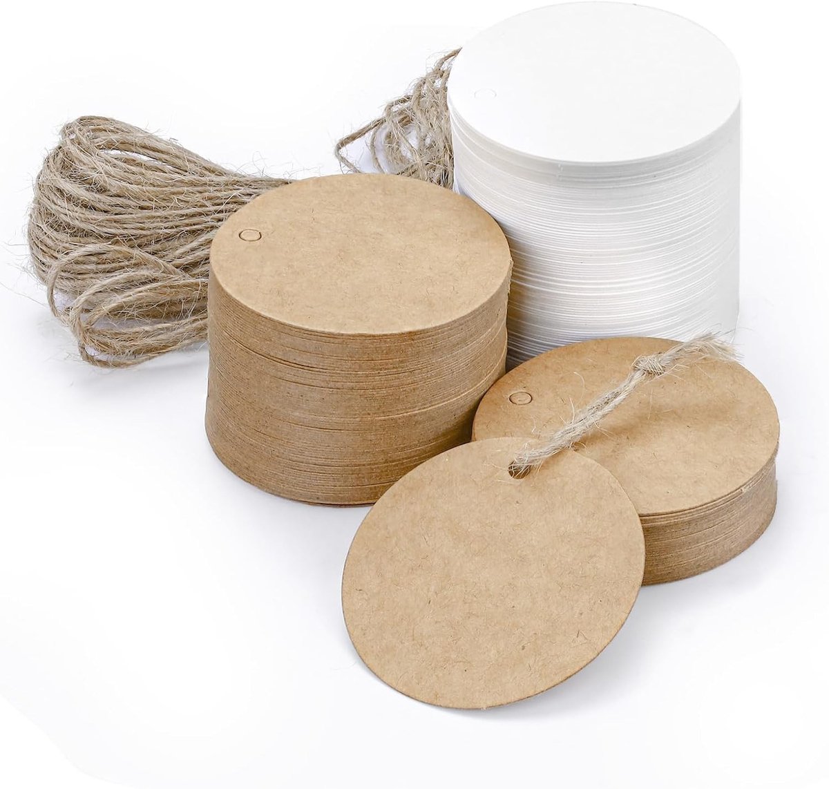 400 Stuks Cadeautags met Touw, 200 Witte + 200 Bruine Ronde Papieren Labels voor Cadeaus, Feestjes, Bruiloften en Knutselprojecten